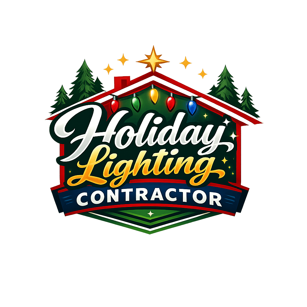 Holiday Lighting Contractor logo with festive roofline, Christmas bulbs, evergreen trees, and contractor badge design